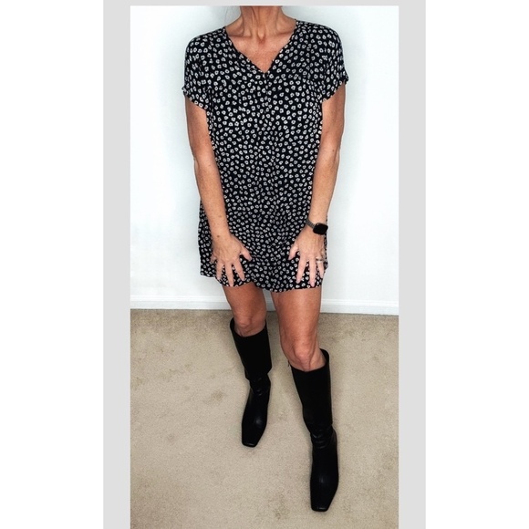 Madewell Shift Dress Black White Floral Short Sleeve Button Neck Mini Dress Sz S - Picture 10 of 10